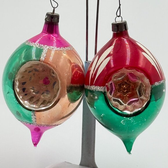 2 VTG MERCURY MICA GLASS INDENT HANDPAINTED CHRISTMAS ORNAMENTS Teardrop Pinks - Picture 1 of 14